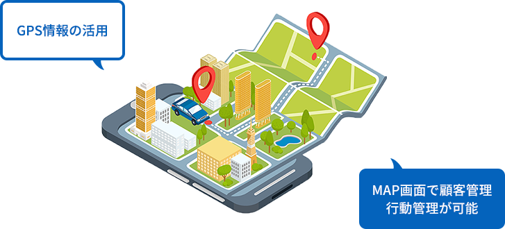 GPS情報の活用。MAP画面で顧客管理、行動管理が可能